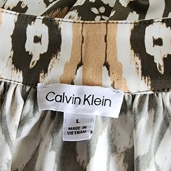 CALVIN KLEIN Patterned Cream, Orange, Brown Top | Sleeveless Button Blouse Shirt - Picture 6 of 7